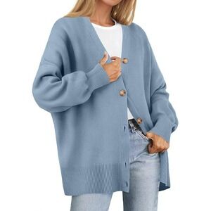 BTFBM Oversized Cardigan Sweater Blue V Neck Button Front Long Sleeve Cozy XL